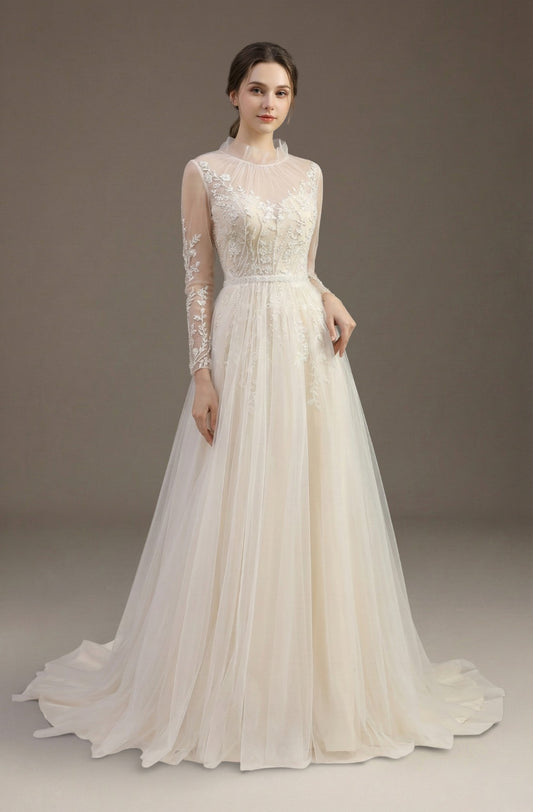 Lucienne High-Neck Lace Gown