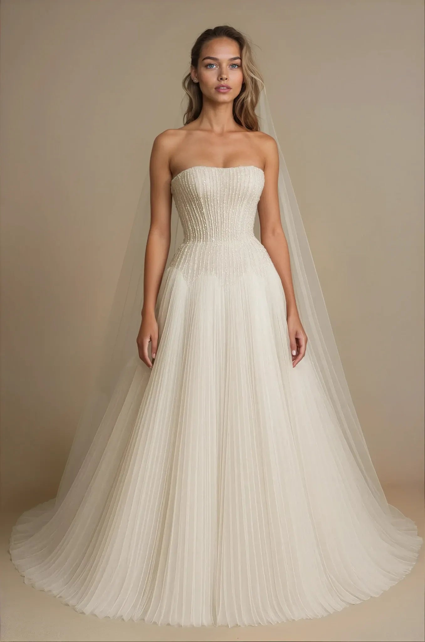 Beaded Pleated Tulle Gown