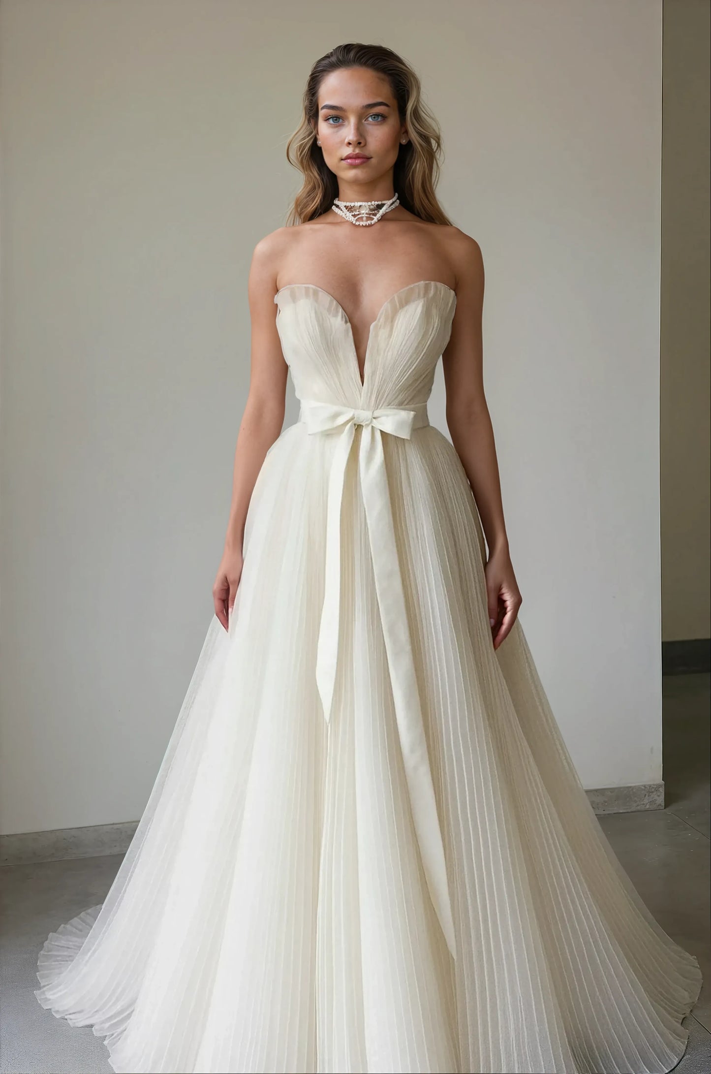 Bow Detail Pleated Tulle Wedding Dress