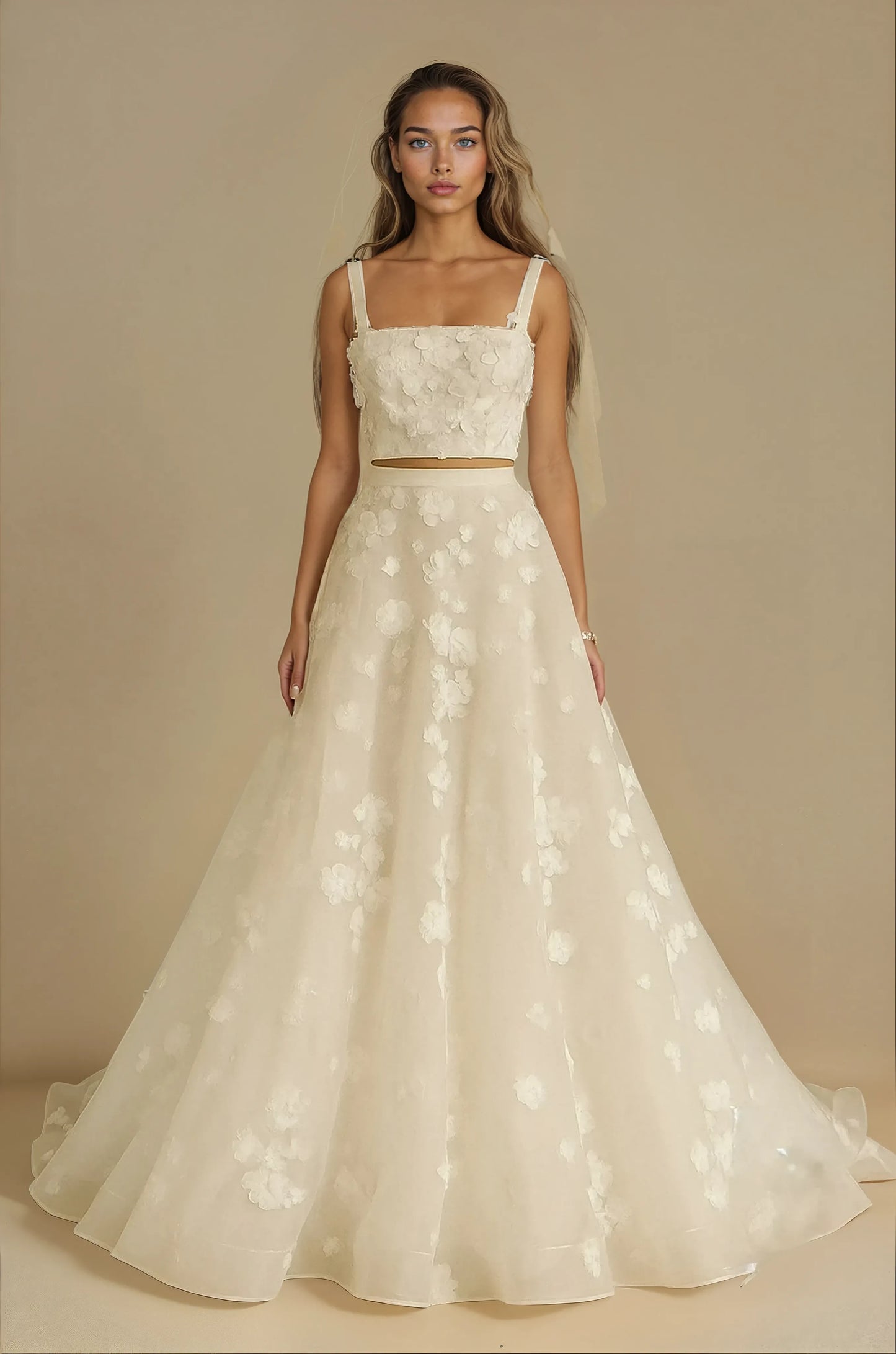 Floral Appliqué Two-Piece Gown