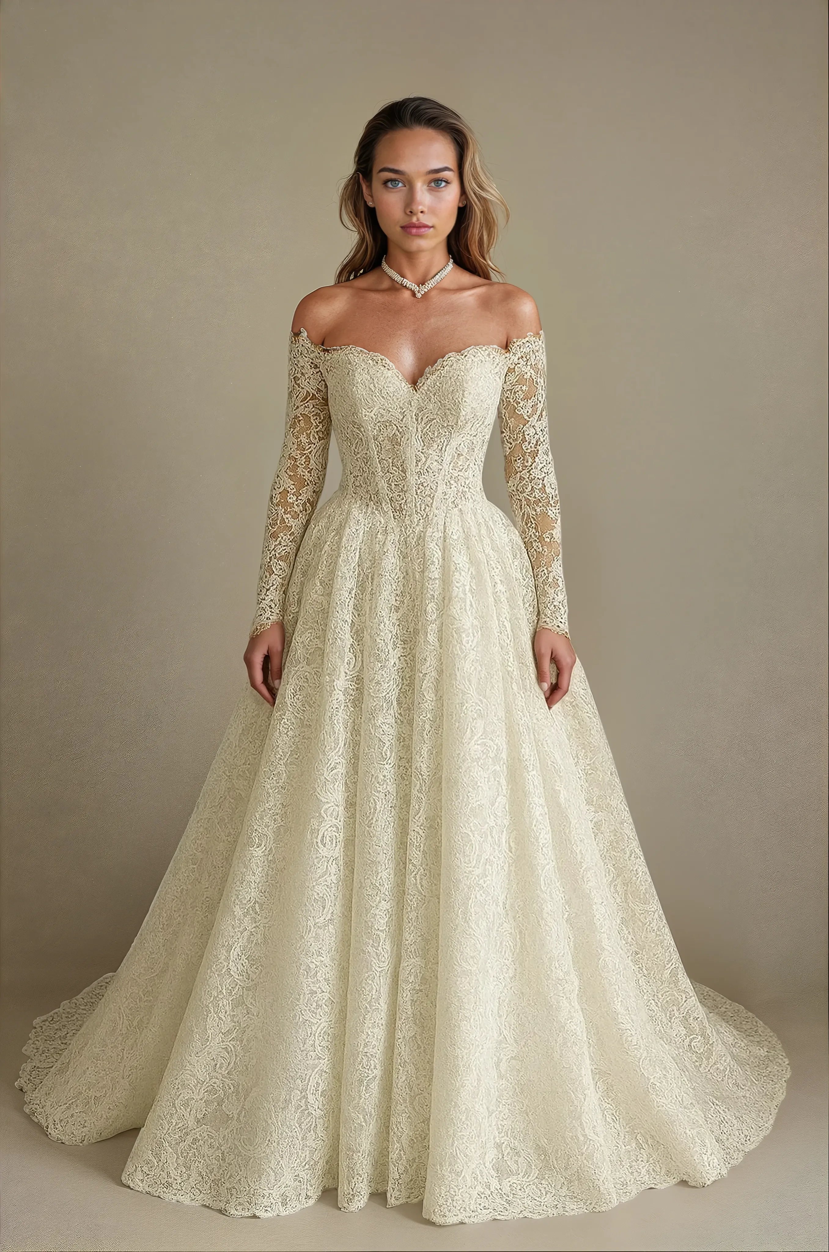 Celestia Long-Sleeve Lace A-Line Gown