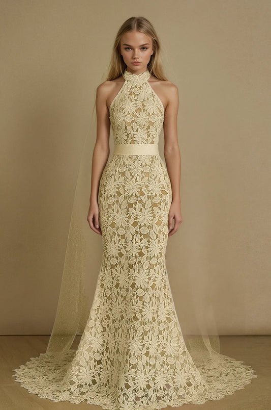 Golden Bloom Lace Gown
