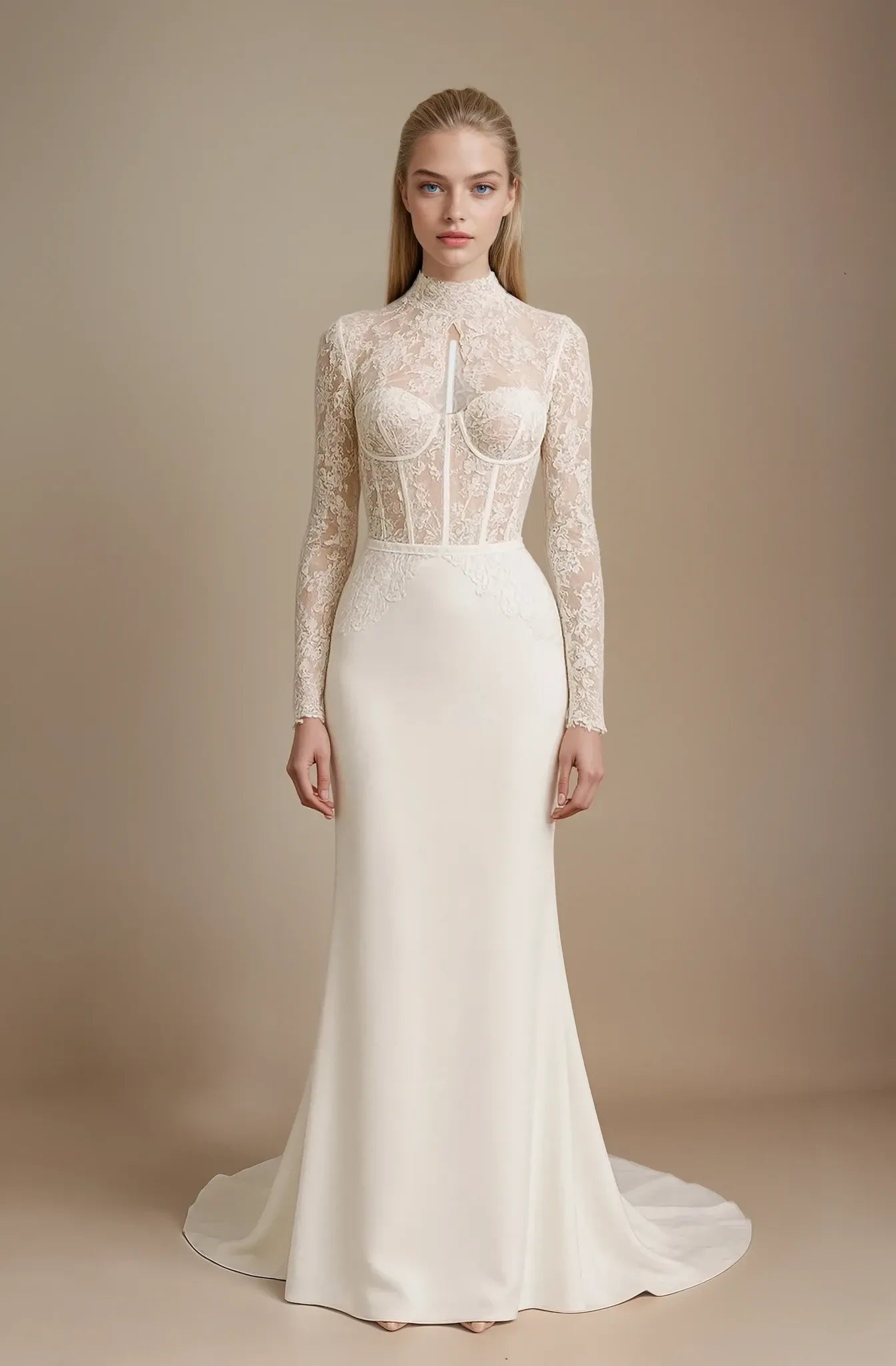 Lace High-Neck Crepe Wedding Dress