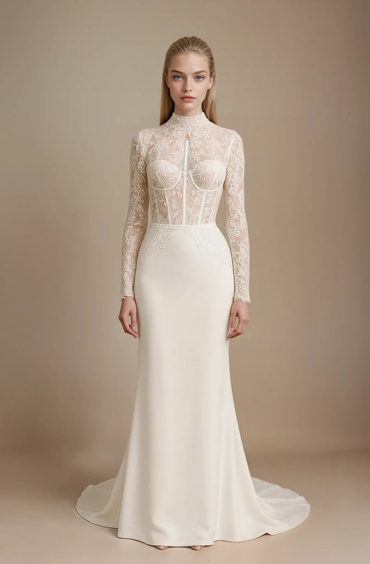 Lace High-Neck Crepe Wedding Dress
