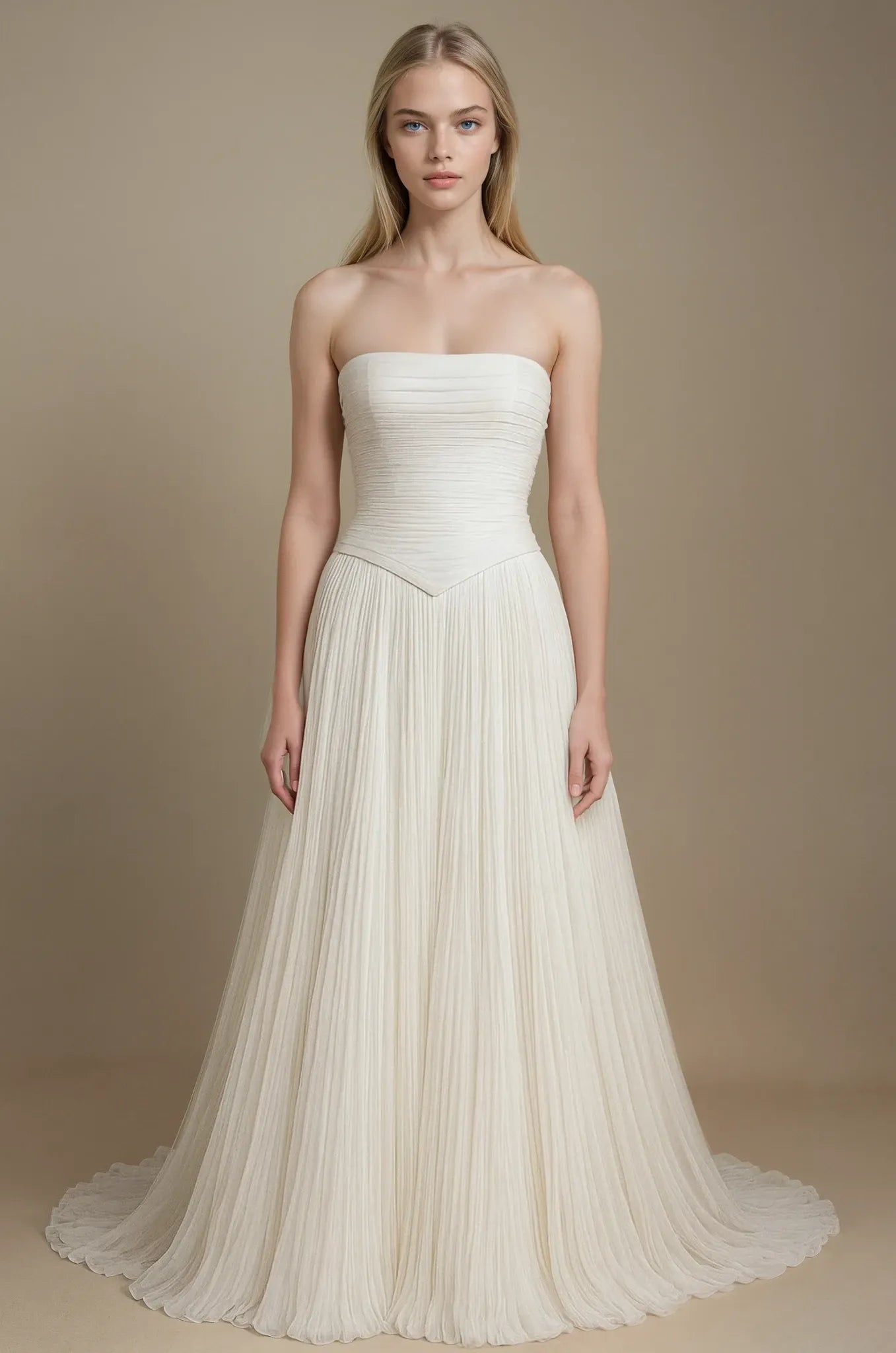 Pleated Elegance Strapless Gown