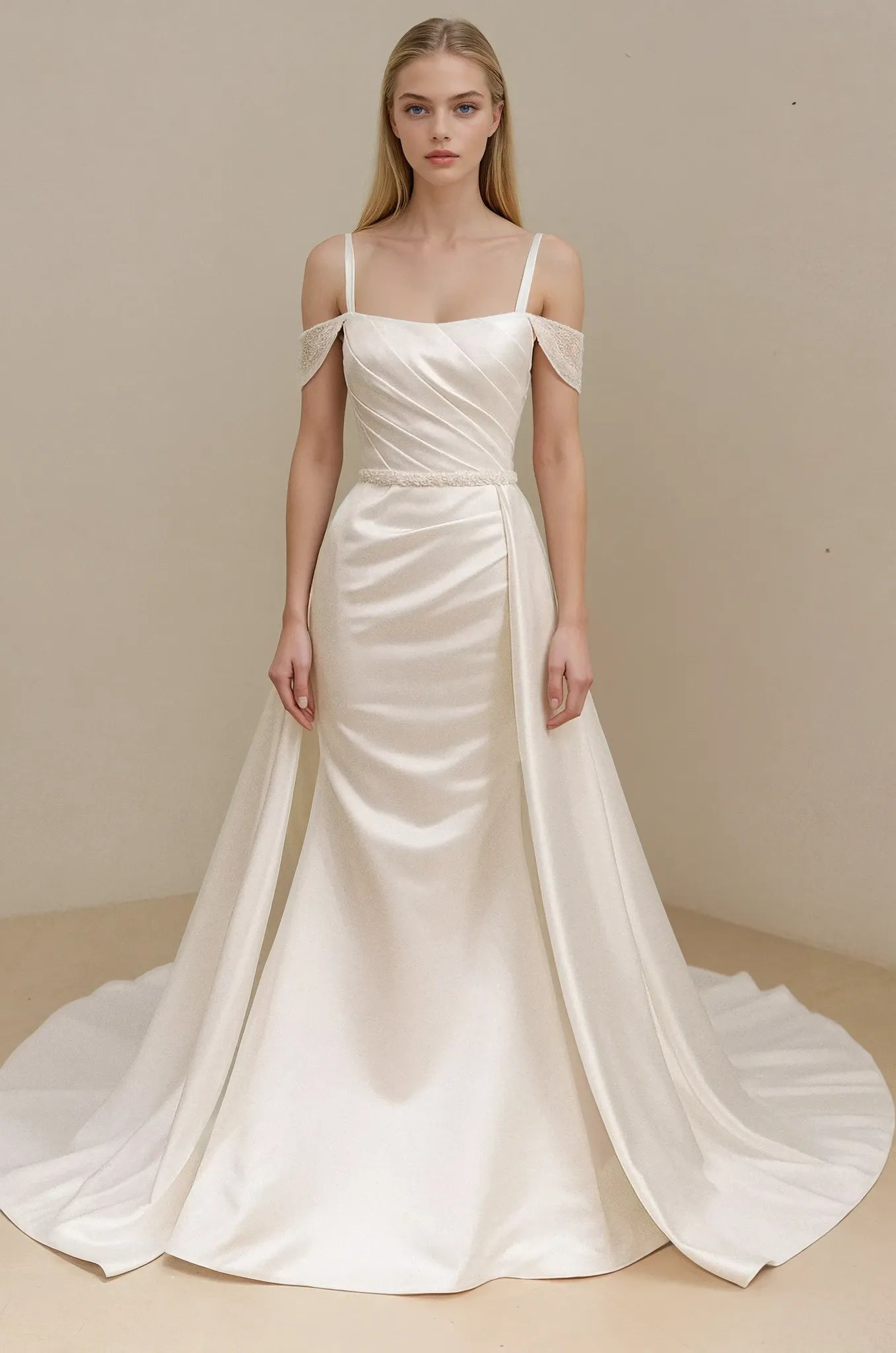 Satin Off-Shoulder Fit & Flare Gown