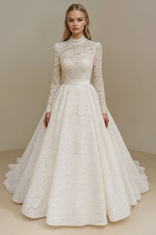 High-Neck Lace A-Line Gown