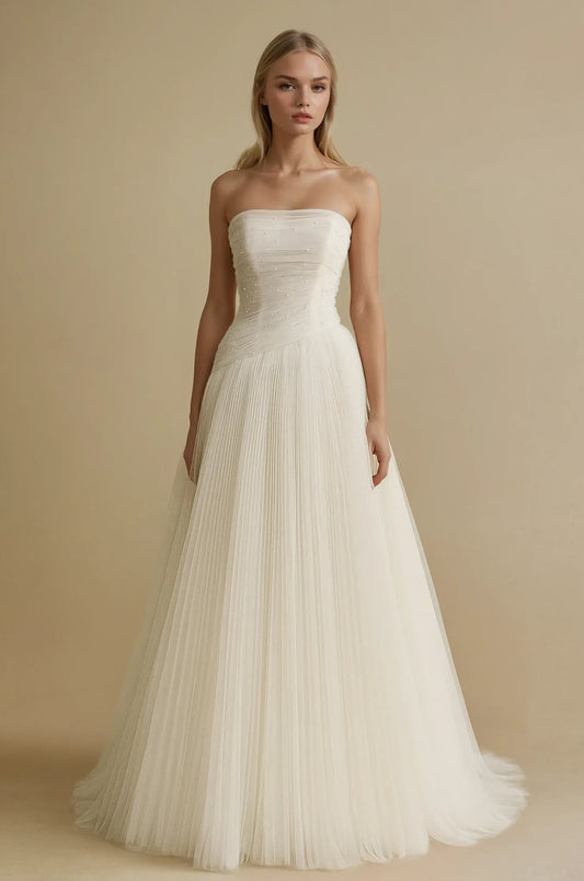 Pearl-Embellished Pleated A-Line Gown