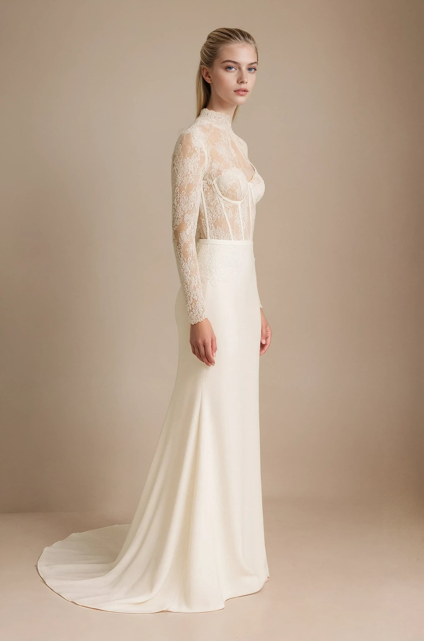 Lace High-Neck Crepe Wedding Dress