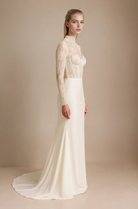 Lace High-Neck Crepe Wedding Dress
