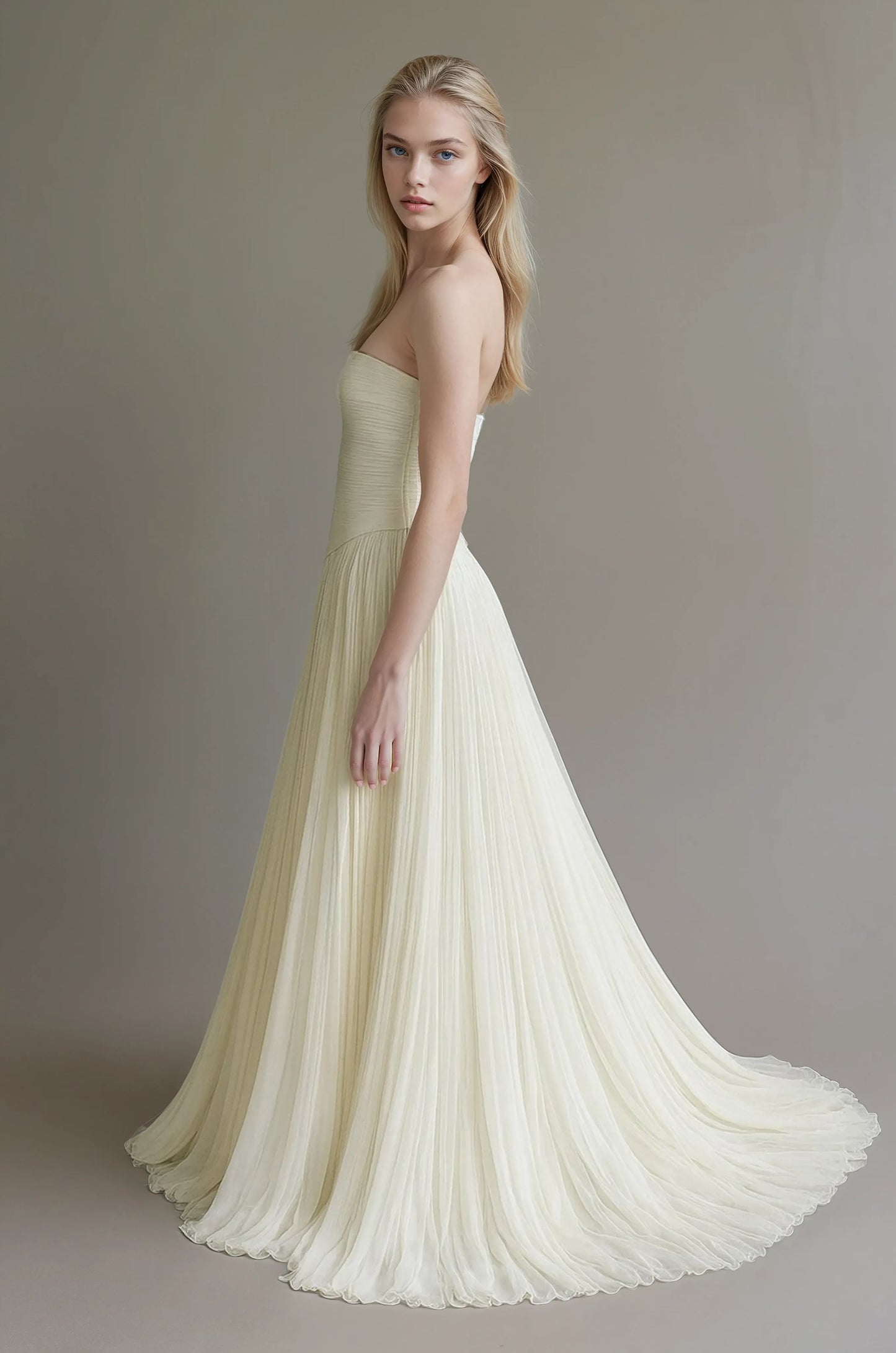 Pleated Elegance Strapless Gown