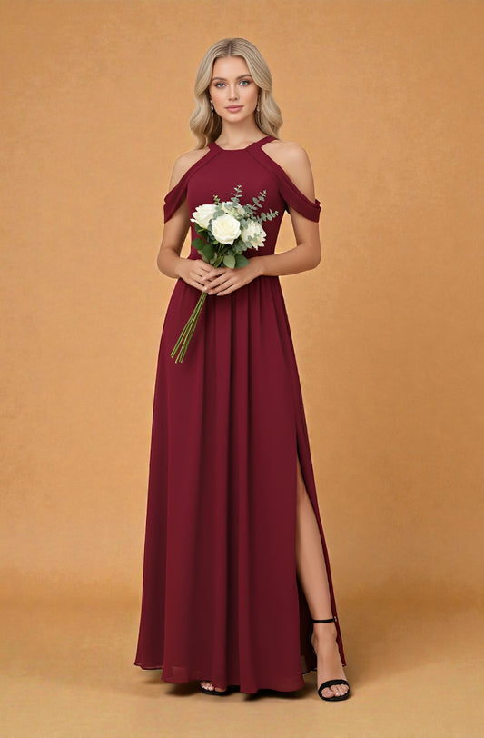 Off-Shoulder Chiffon Evening Dress with Built-In Bra