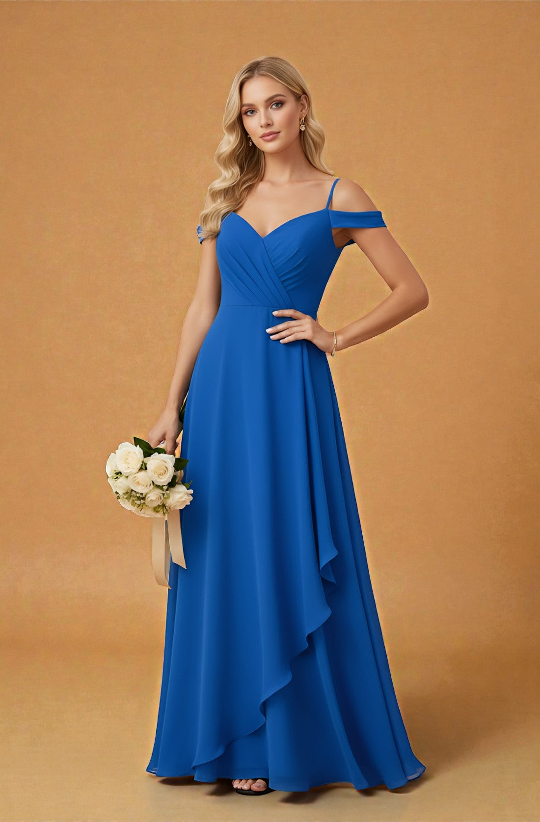 Off-Shoulder V-Neck Chiffon Evening Dress