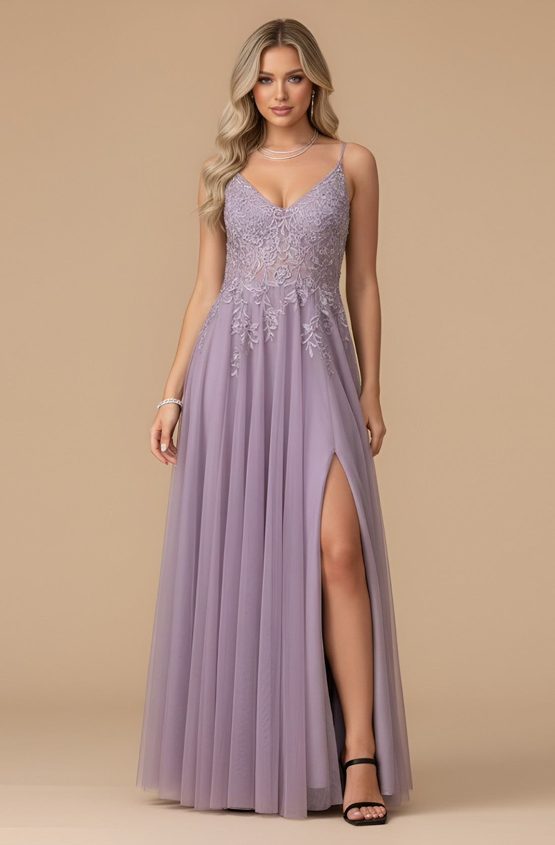 V-Neck A-Line Embroidered Chiffon Evening Dress