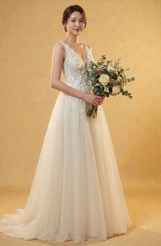 V-Neck A-Line Lace Wedding Dress