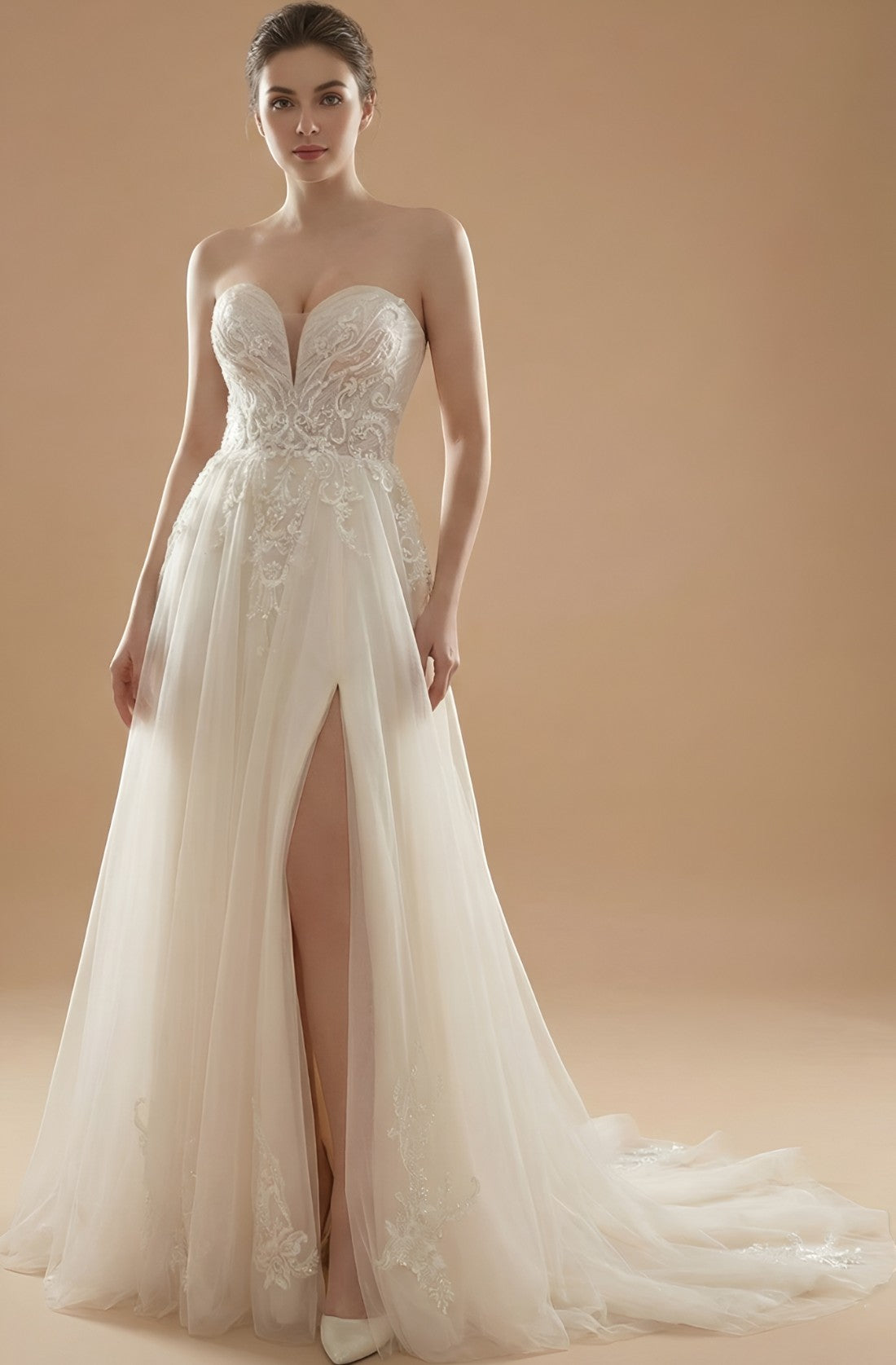 V-Neck A-Line Lace Wedding Gown