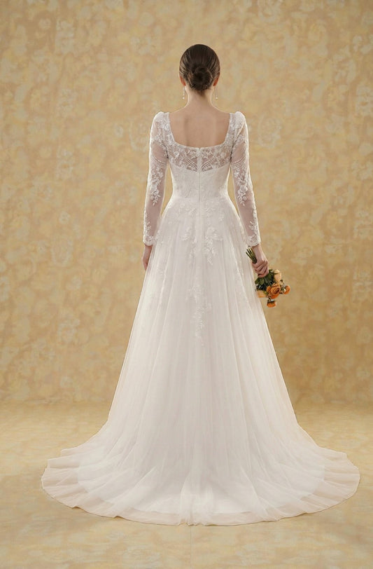 Rosalyn Square-Neck Lace Gown