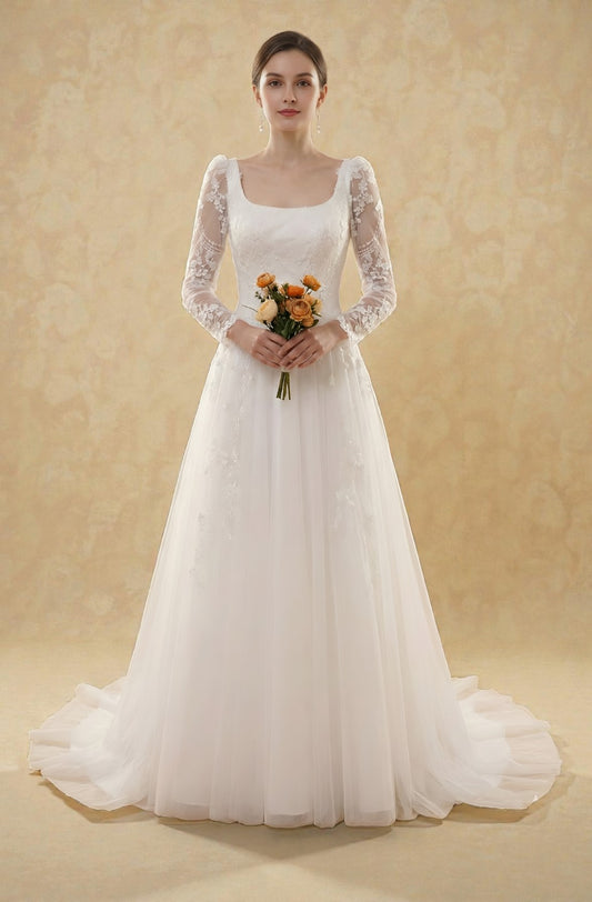 Rosalyn Square-Neck Lace Gown