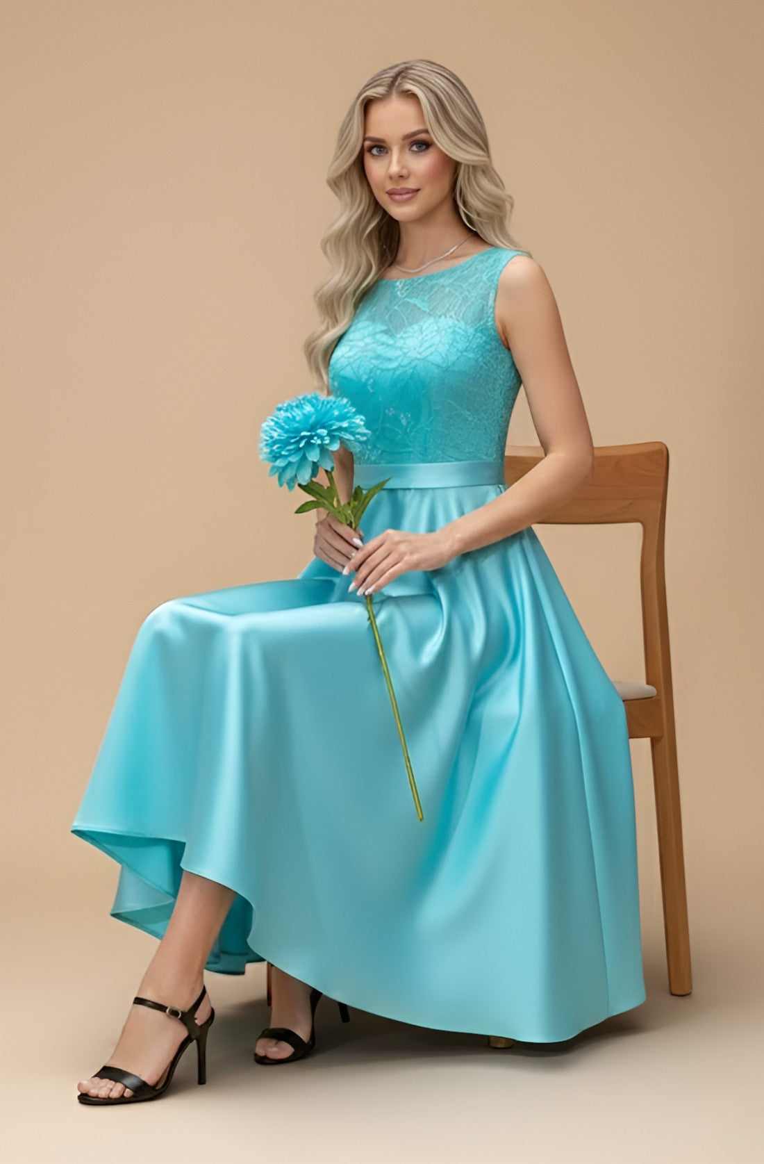 Embroidered Backless Satin Evening Gown