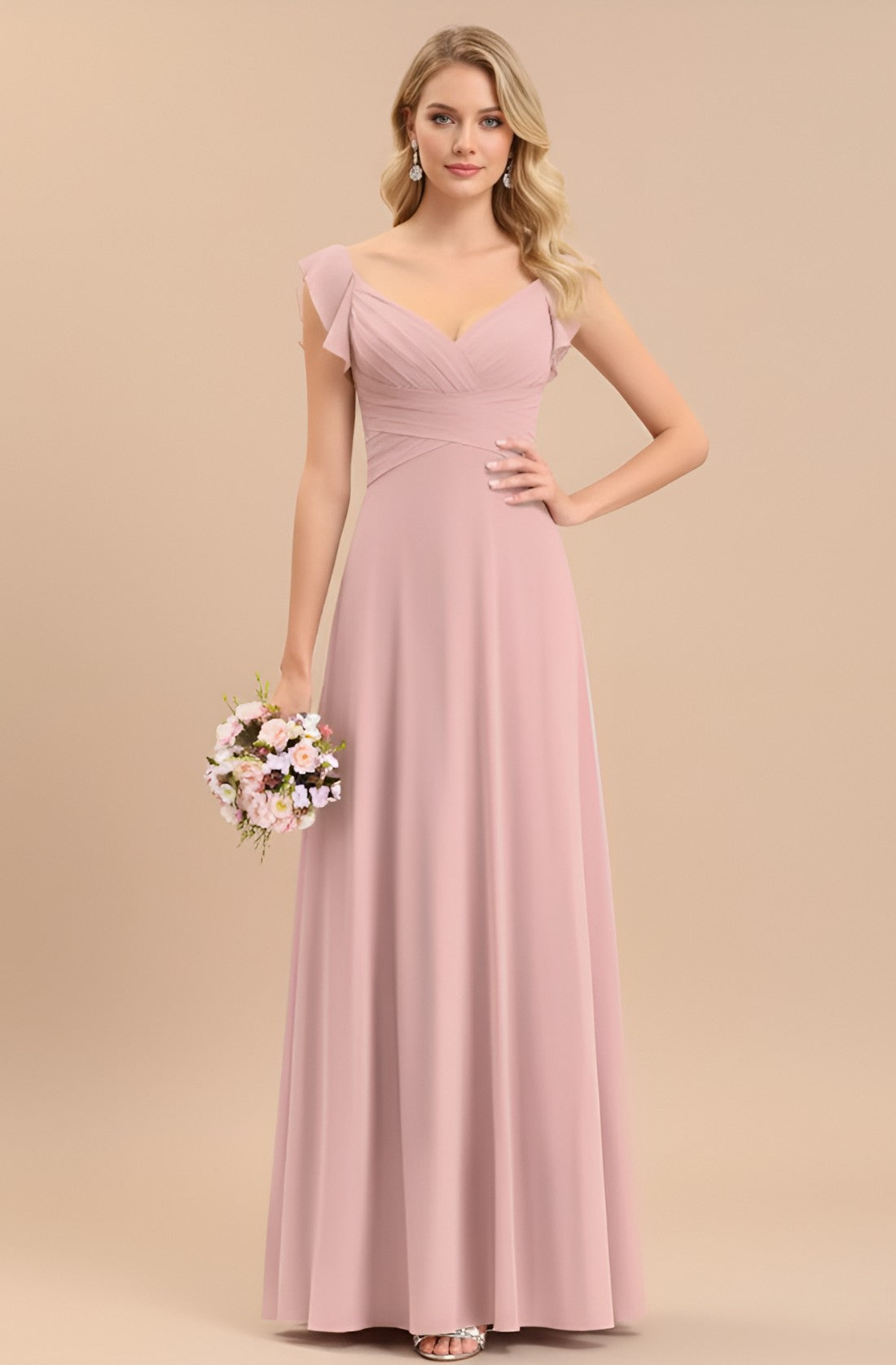 Spaghetti Strap Square Neck Chiffon Evening Dress